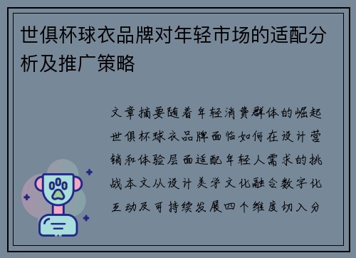 世俱杯球衣品牌对年轻市场的适配分析及推广策略